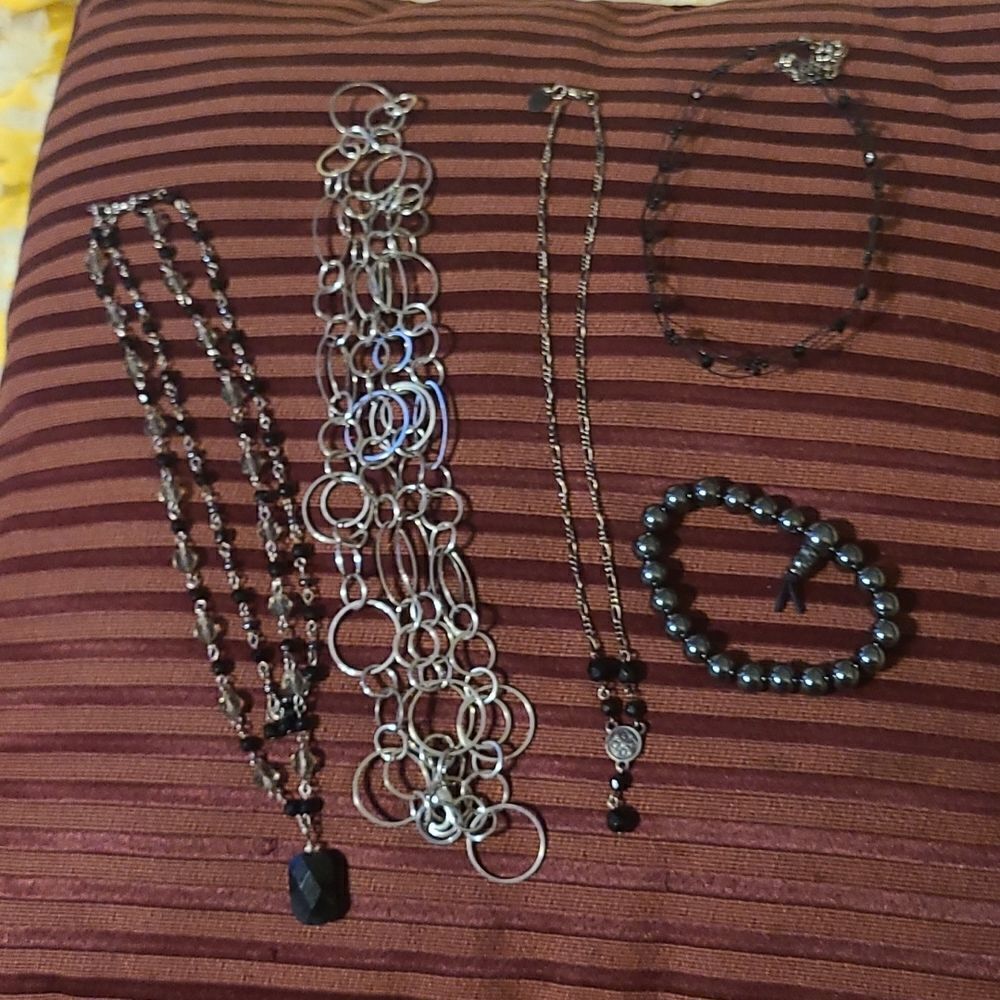 4 Black And Silver Toned Necklaces And 1 Bracelet
